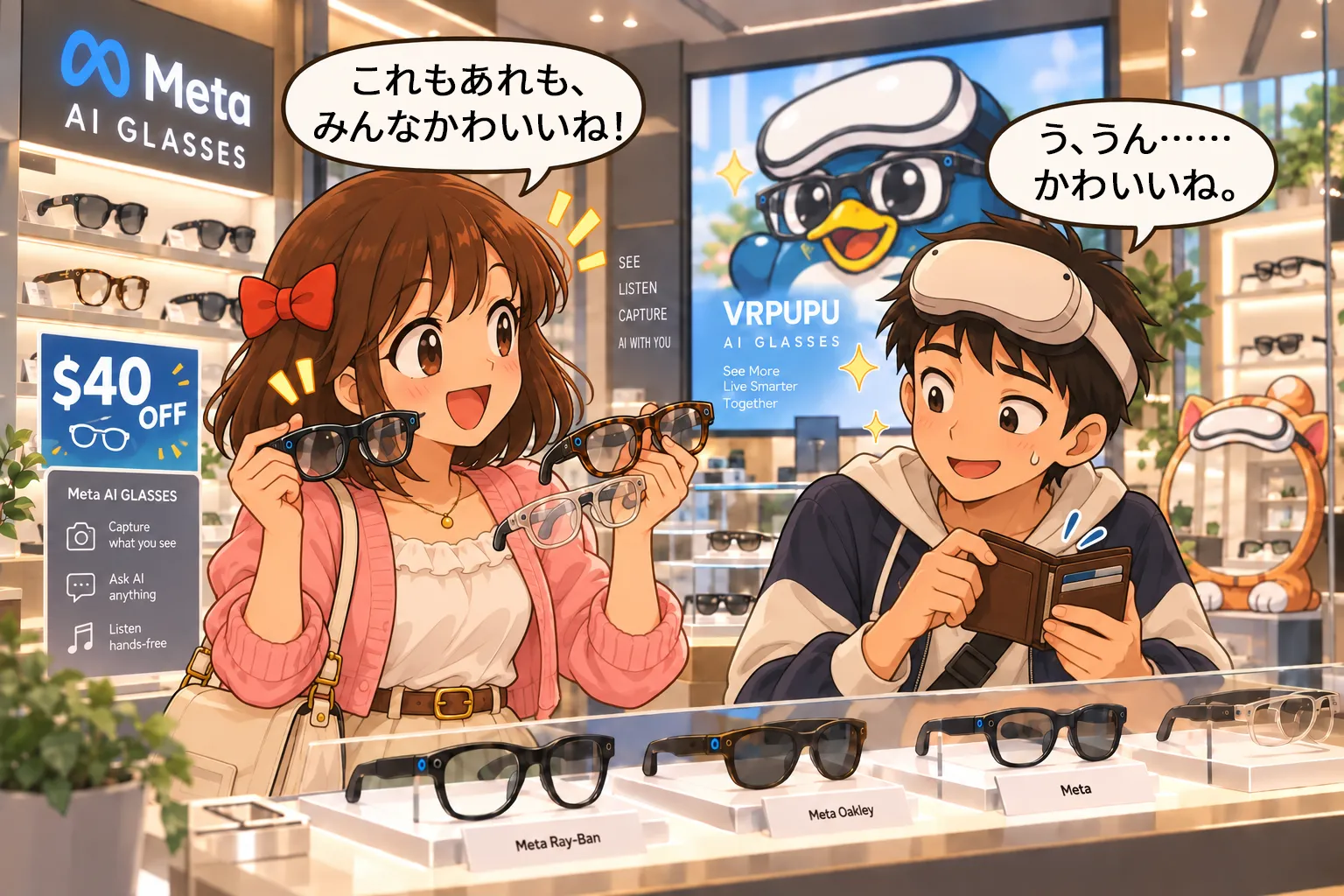 Meta AIメガネの40ドルオフセール中の店内で、盟盟が何本ものメガネを手に「これもあれも、みんなかわいいね!」と楽しそうに選んでいる。隣では谷谷が財布を気にしながら「う、うん……かわいいね」と苦笑い。背景にはVRPUPUのポスターとVRMUMUの飾りがある。