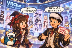 VRChatのAvatarショップで盟盟が気に入ったアバターを選び、谷谷が50% OFFクーポンを手にプレゼントしようとしている場面。VRPUPUが隣で付き添い、VRMUMUは展示エリアの隅にいる