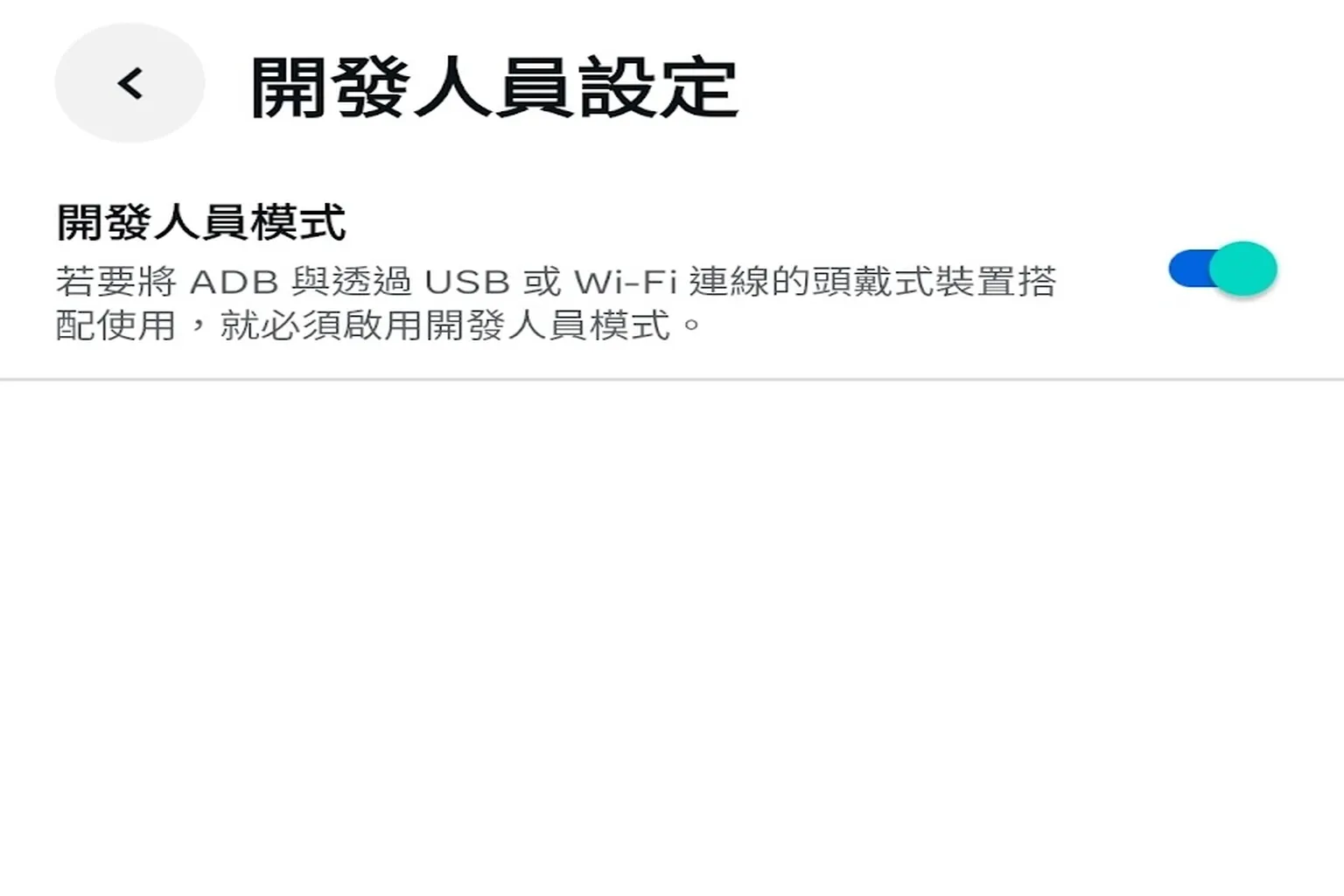 開發人員模式成功啟用,開關顯示為藍色已啟動狀態