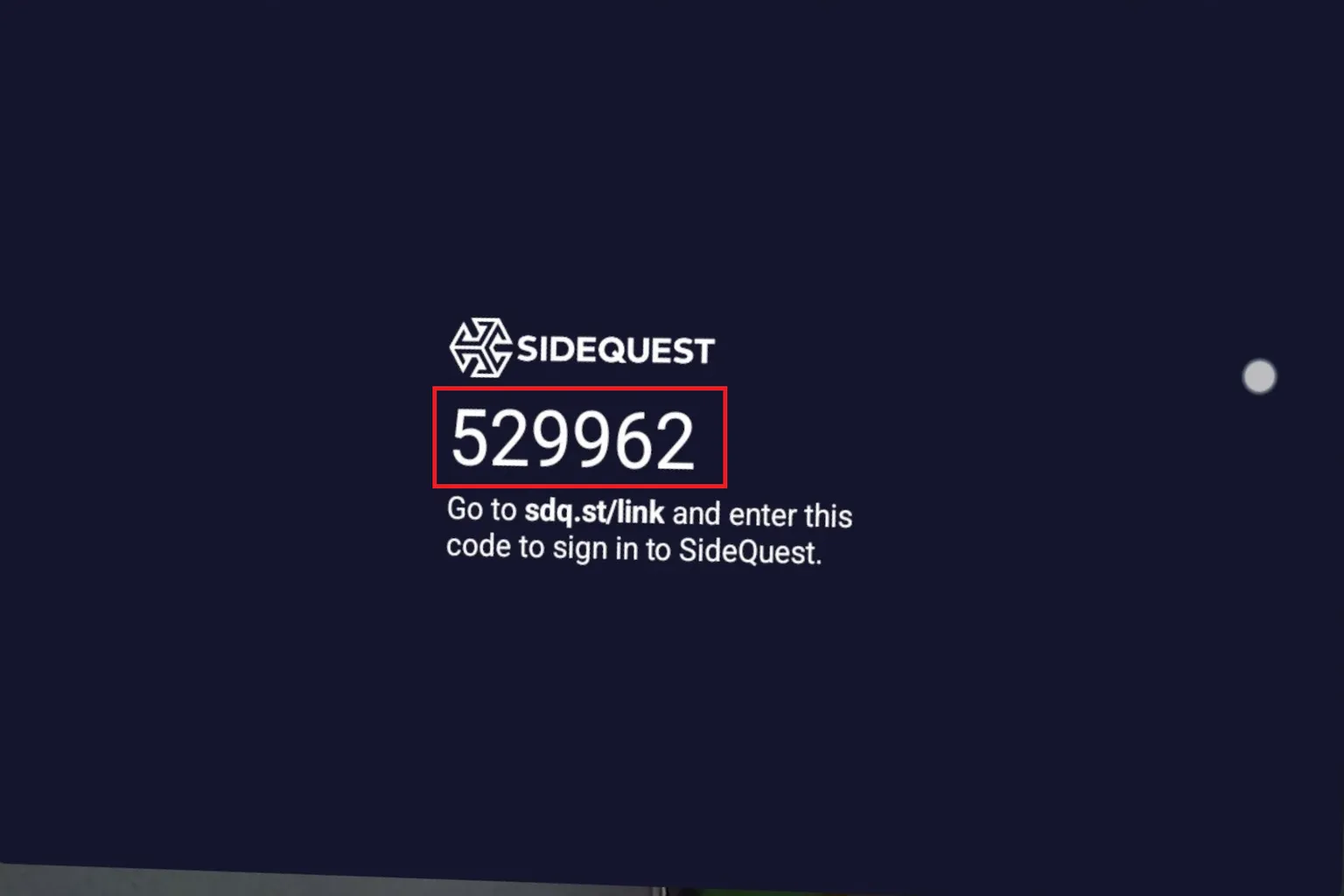 SideQuest 顯示連線六位數驗證碼畫面，提示使用者前往 sdq.st/link