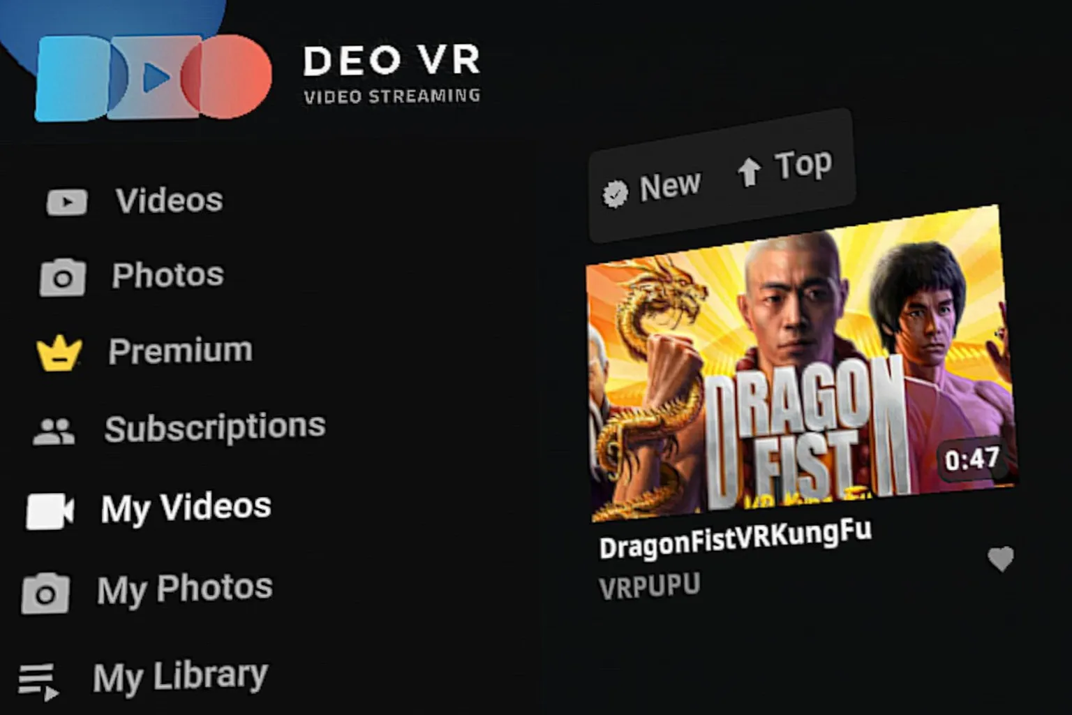 DeoVR 裝置內播放介面,顯示 Dragon Fist VR Kung Fu 頻道影片封面