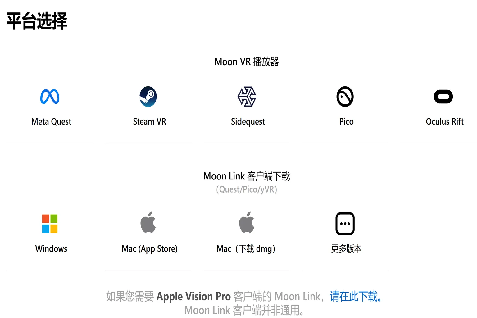 MOON LINK 支援平台選擇畫面，提供 Windows、Mac、Meta Quest、Pico 等版本下載