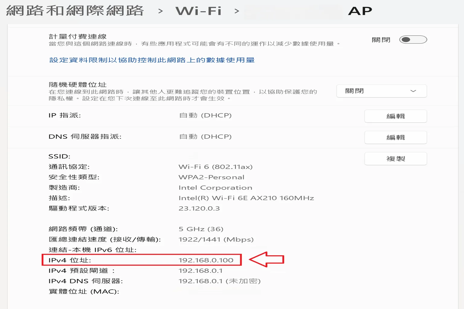 顯示 Windows 11 中的內部 IP 位址資訊，範例為 192.168.0.100