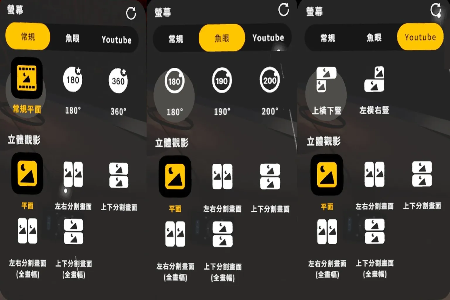 Moon VR 支援多種立體觀影格式，包括 180/360度、左右/上下分割畫面