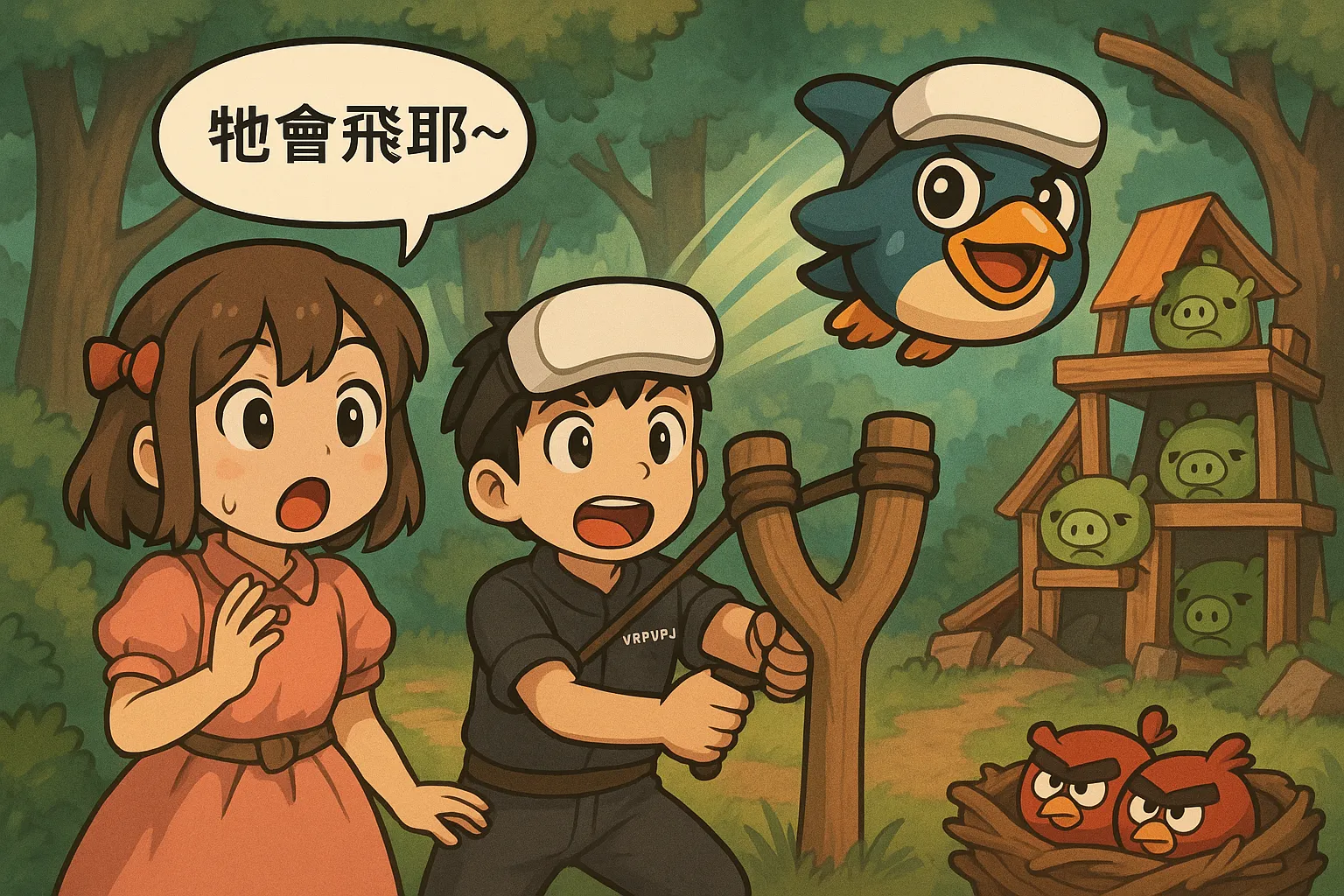 谷谷操作彈弓將VRPUPU射向豬豬堡壘,盟盟驚呼牠會飛耶,森林場景充滿可愛與炸塔快感