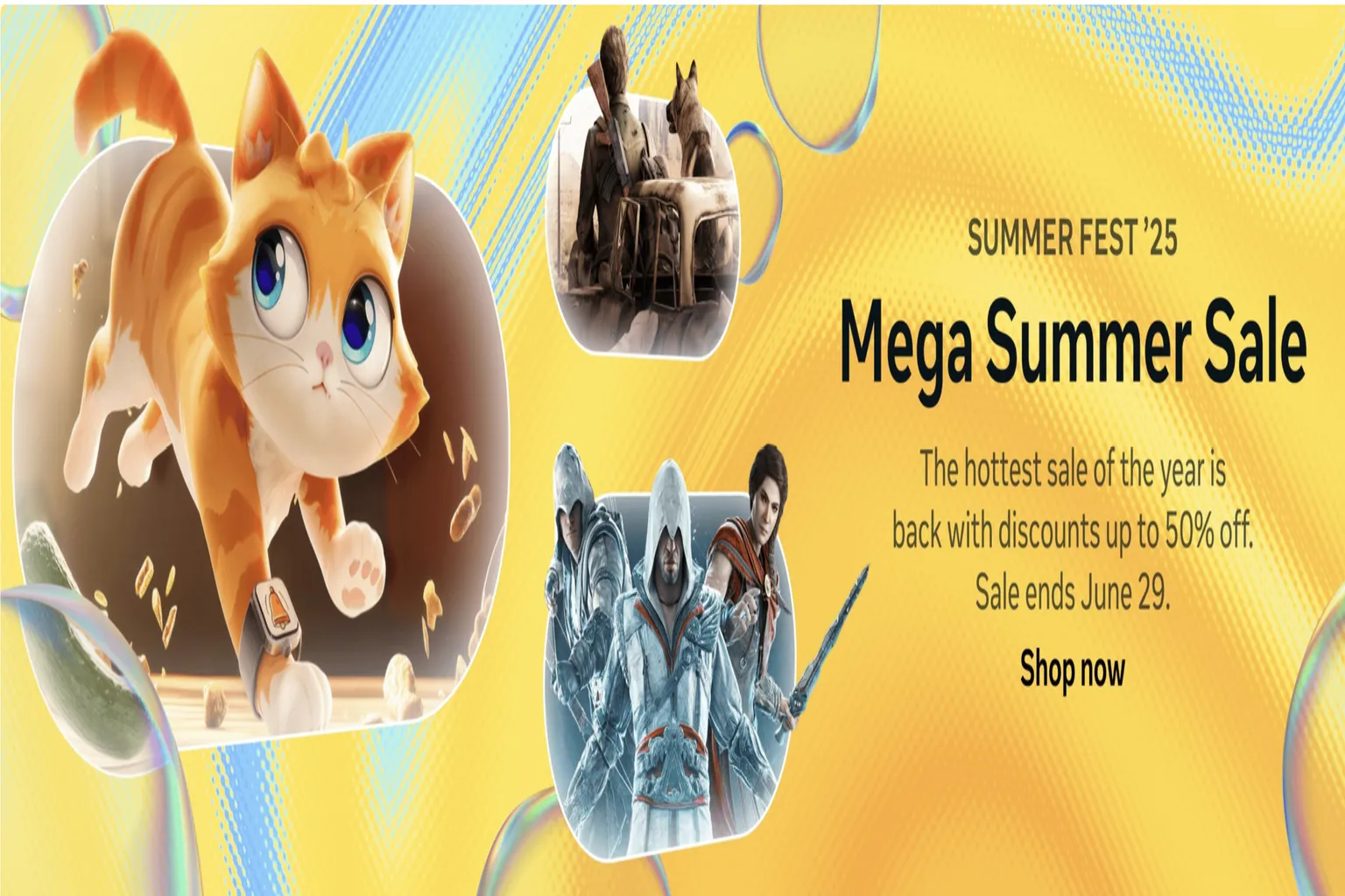 Meta Quest 2025 夏季促銷活動官方橫幅，標示最大五折優惠至 6 月 29 日，畫面有可愛貓咪與熱門遊戲角色