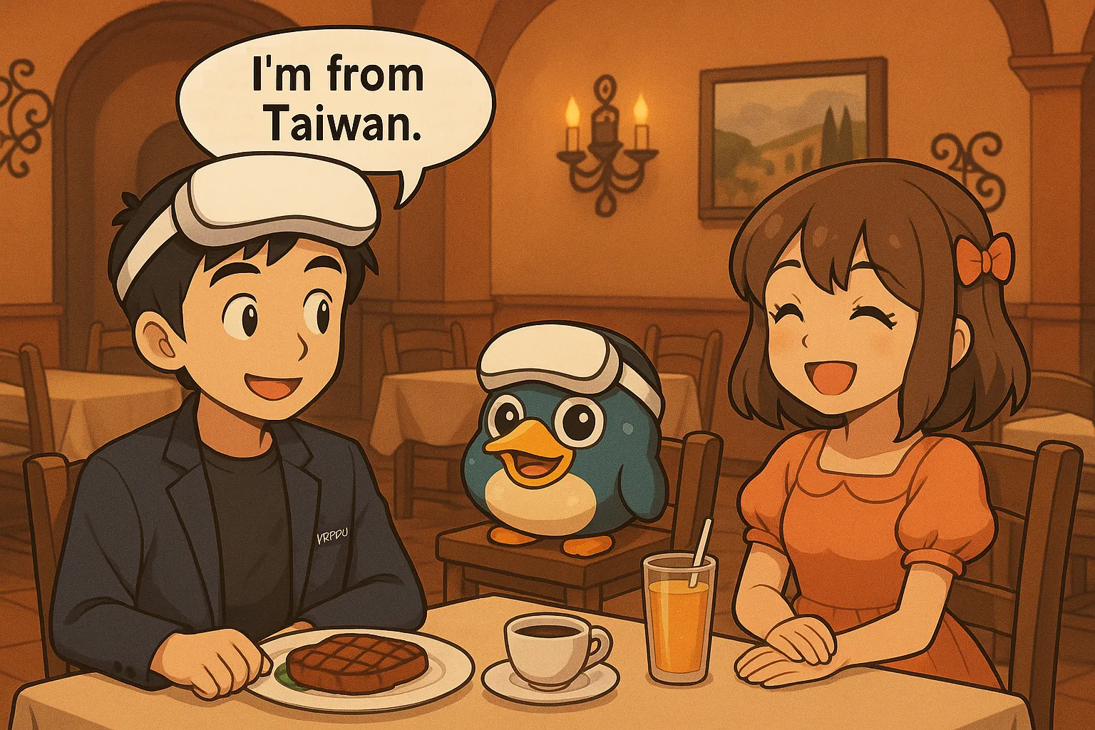 谷谷與盟盟在異國餐廳開心對話練習英文，谷谷說出我是台灣來的，VRPUPU坐在椅子上微笑聆聽，桌上擺著牛排、果汁與咖啡，畫面溫馨可愛