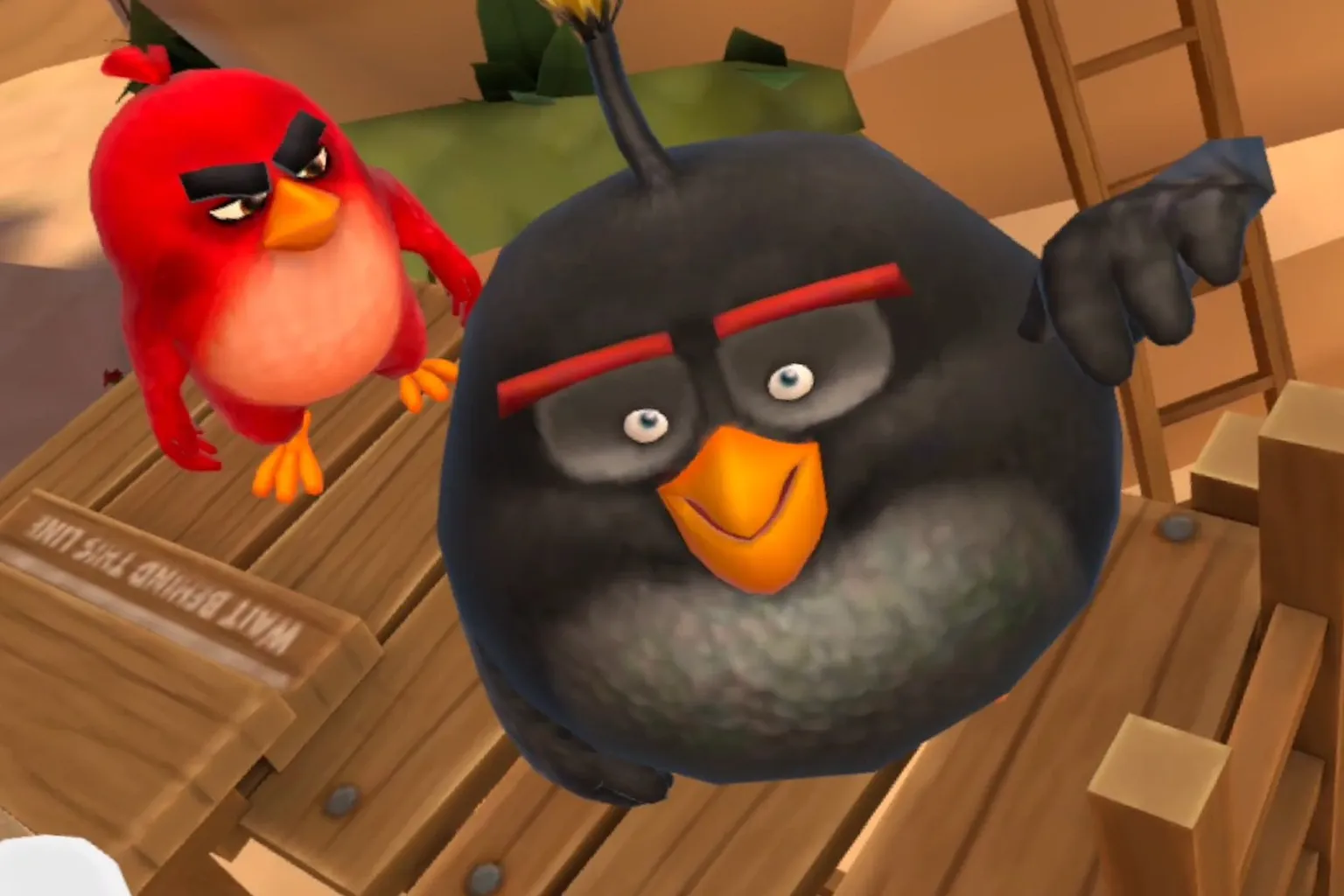 Angry Birds VR 黑鳥 Bomb 出場打招呼,與紅鳥 Red 一同站在發射平台上
