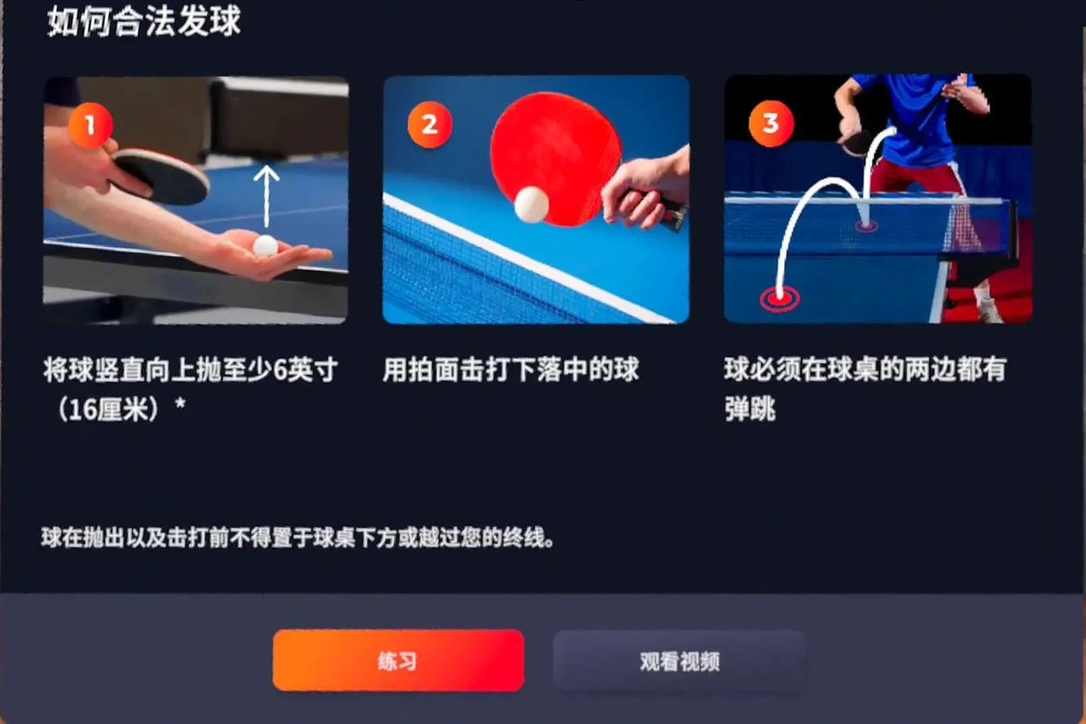 Eleven Table Tennis 發球教學畫面,指導玩家如何拋球、擊球與合法落點