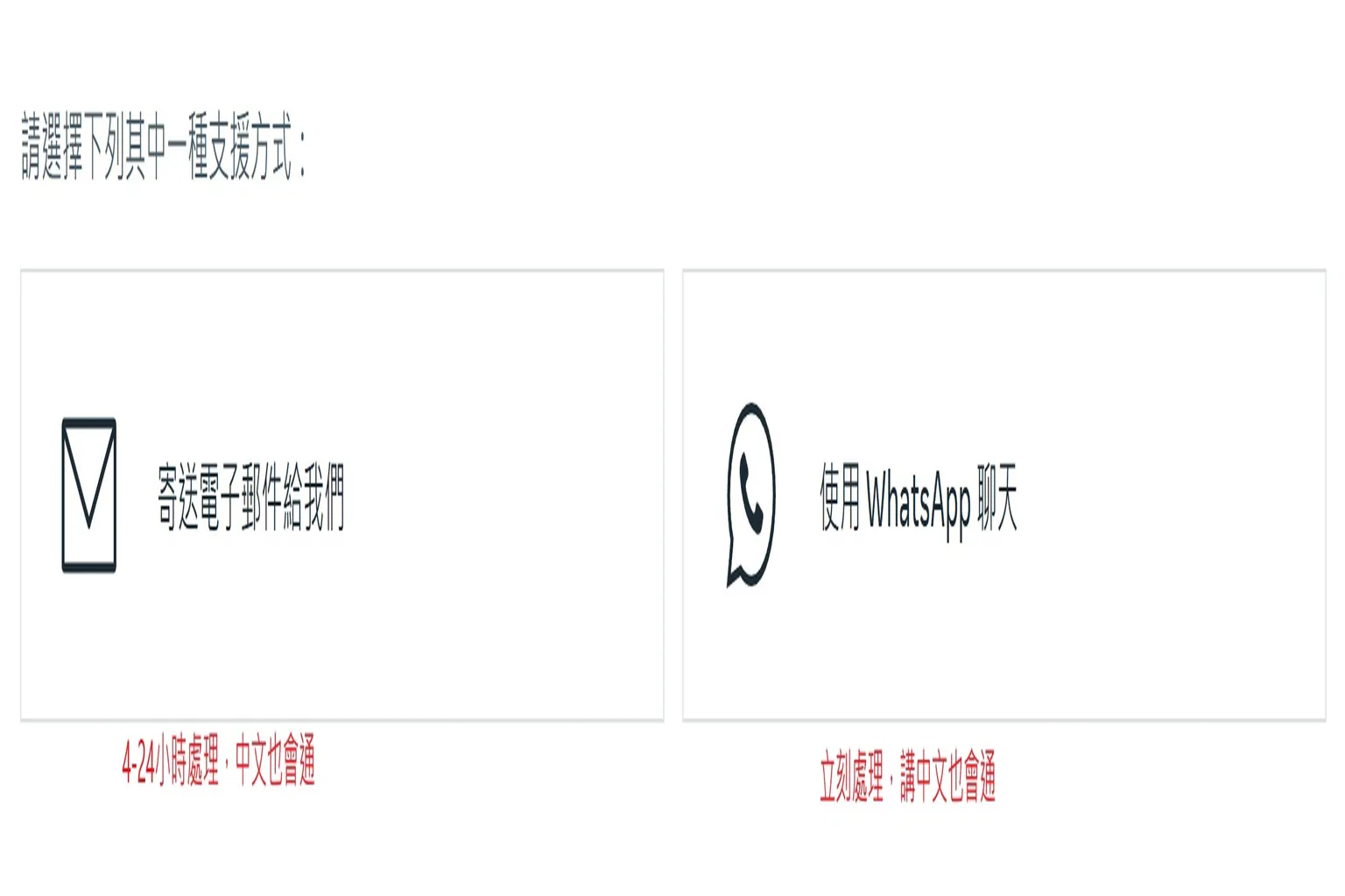 選擇客服聯絡方式,可寄信或使用 WhatsApp 即時聊天