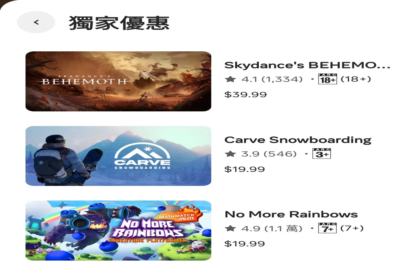Horizon+ 獨家優惠遊戲清單,包含 Behemoth、Carve Snowboarding 與 No More Rainbows,免費會員無法優惠