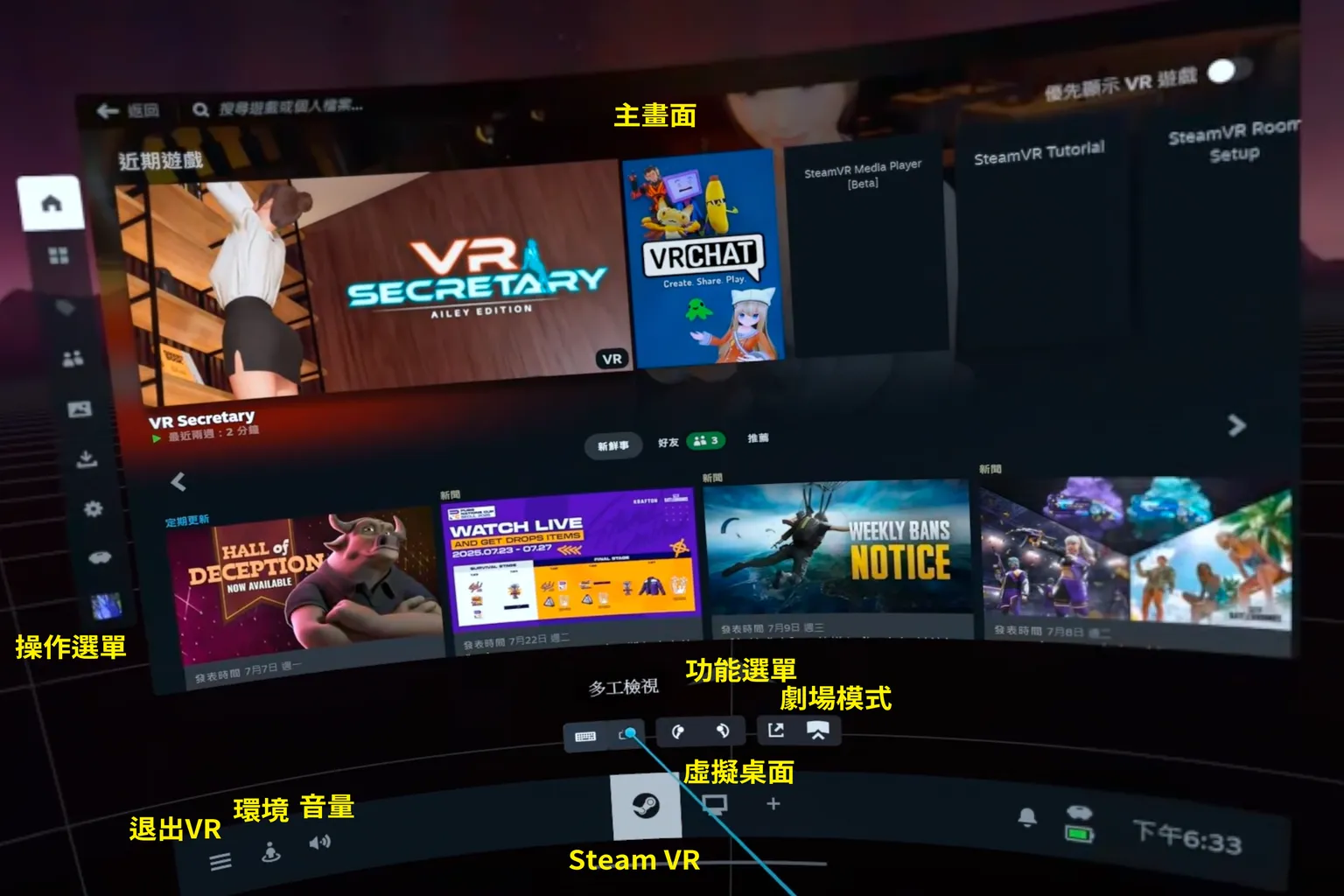 SteamVR 頭盔介面底部的多工切換列，包含返回、Steam選單與視窗操作鍵
