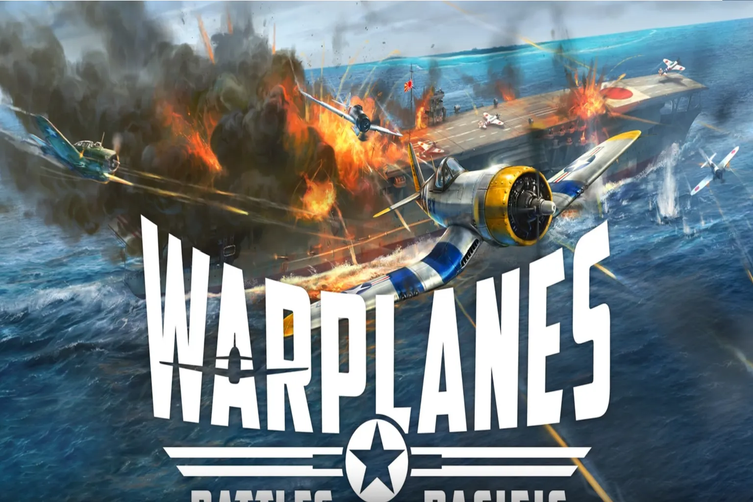 Warplanes 宣傳主視覺,戰機攻擊航母引發猛烈爆炸,展現激烈空戰場景