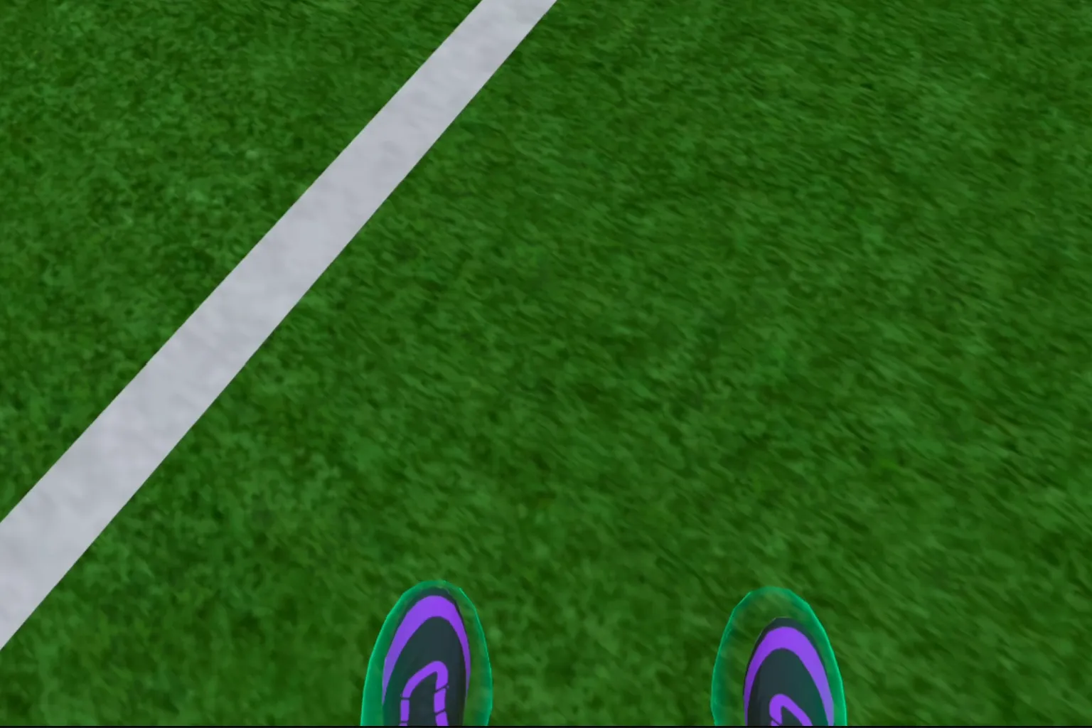 玩家低頭查看紫黑配色的球鞋，進行定位與初始站位確認