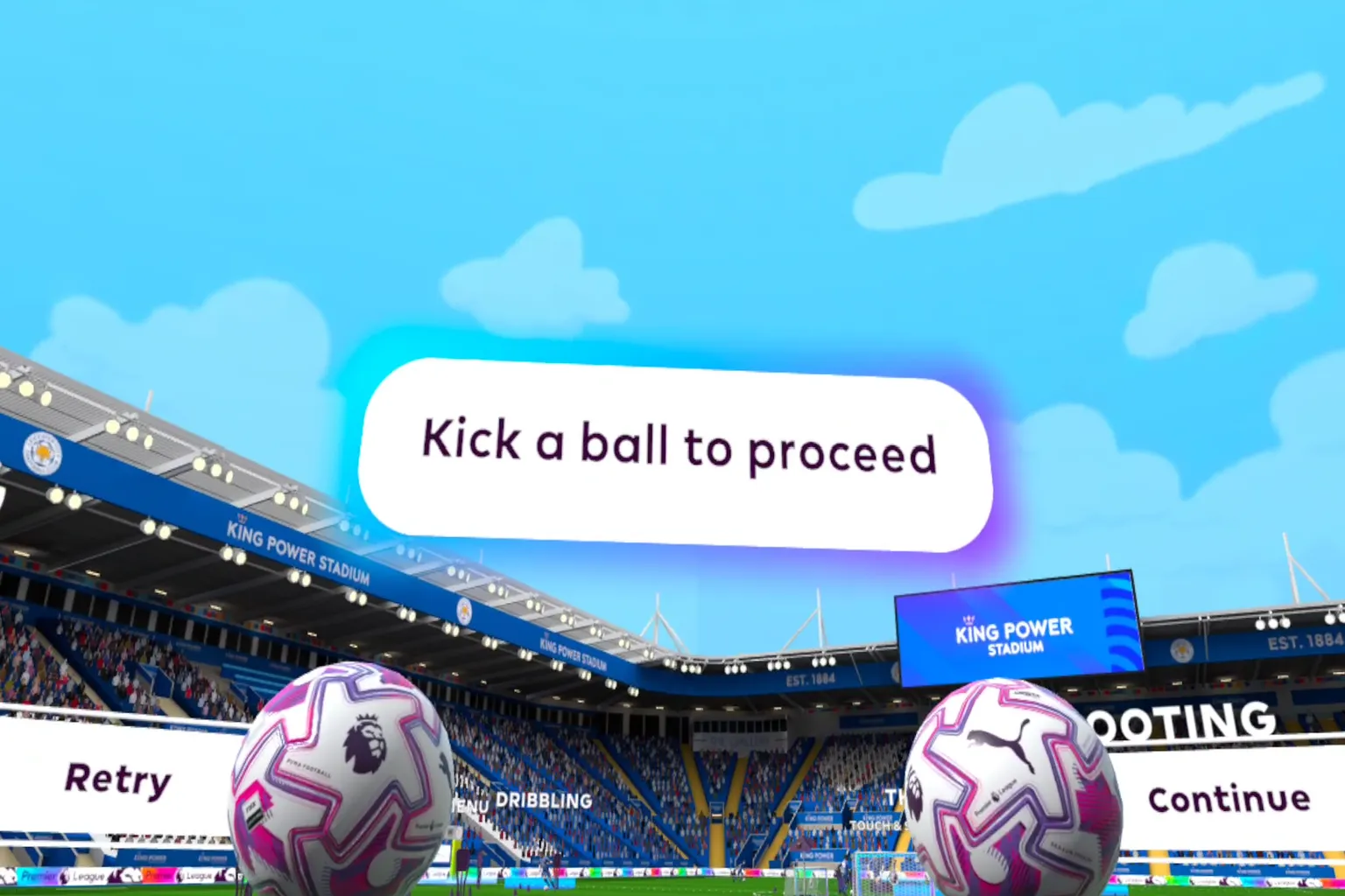 畫面提示踢球繼續遊戲，左右選項為 Retry 與 Continue，球場背景為 King Power Stadium