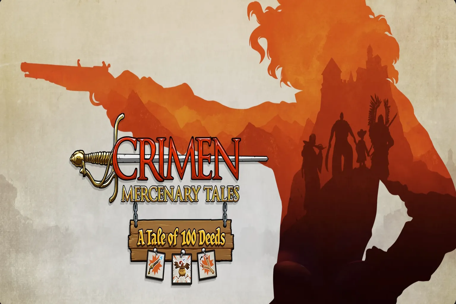 Crimen Mercenary Tales遊戲標誌與標題,背景是持槍大漢和四位傭兵的剪影,展現遊戲中多元角色與冒險氛圍。