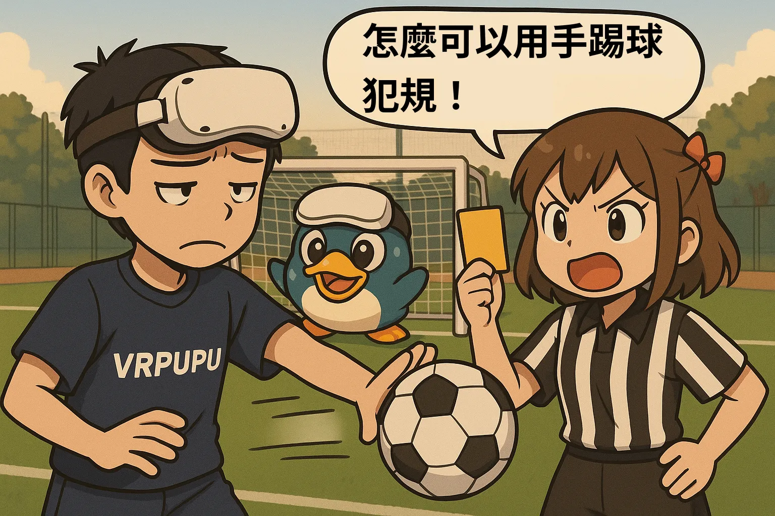 VRPUPU足球隊男孩用手打球犯規，女裁判女孩嚴厲舉出黃牌，大喊怎麼可以用手踢球，背景為球門場景