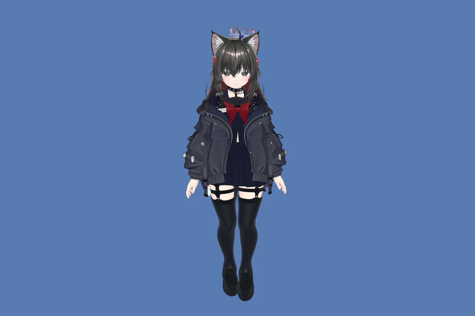 VRChat 免費貓耳角色,黑色外套與短裙搭配紅色領結,外觀俏麗可愛