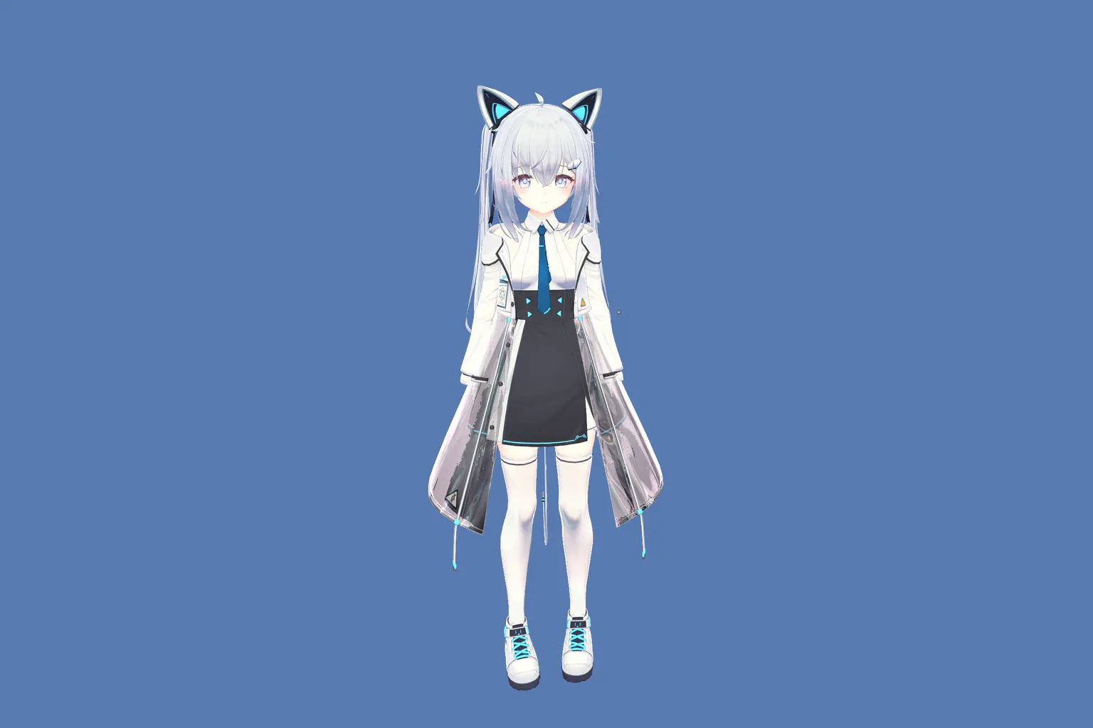 VRChat 免費貓耳少女角色,藍白色長髮與貓耳,穿著白色外套與黑色裙子,風格清新
