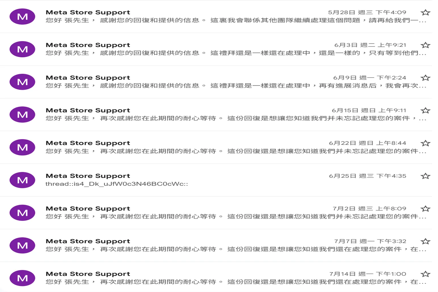 Meta Store Support 每週固定回信,僅通知案件仍在處理中,沒有進展
