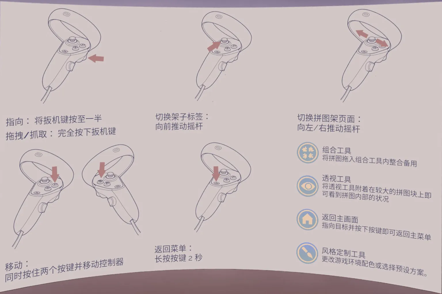 遊戲控制說明畫面,示範左右手柄操作方式與拼圖移動教學