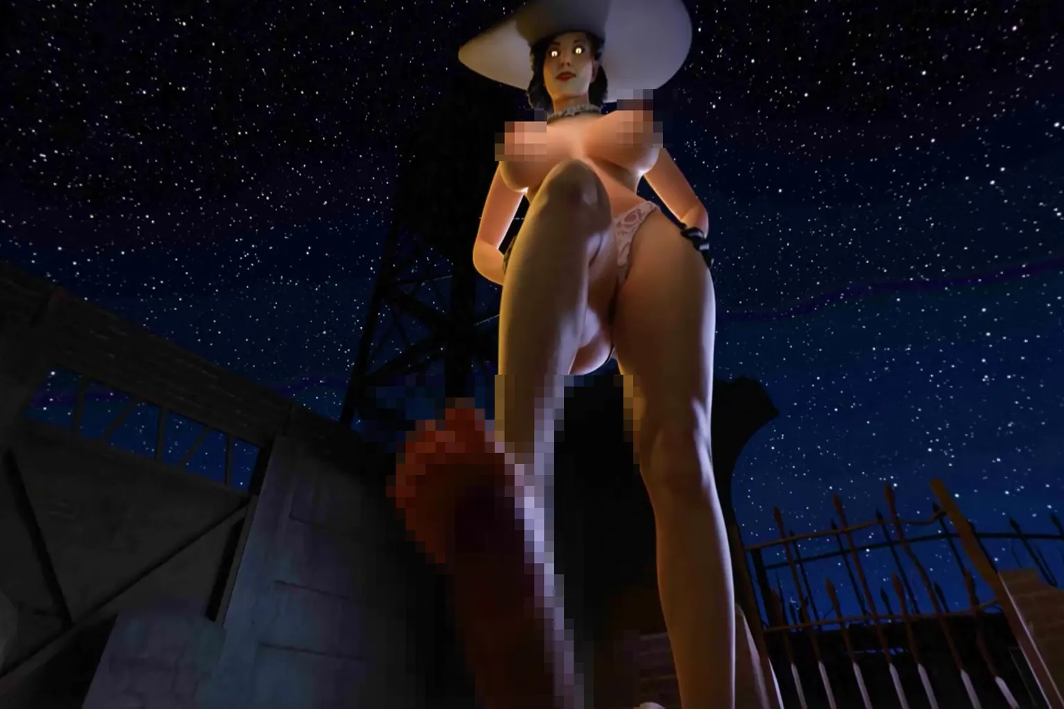 高大虛擬角色在夜晚星空下俯視鏡頭，背景可見廢棄建築、鐵欄與塔架結構，畫面帶有誇張視角與強烈光影效果。