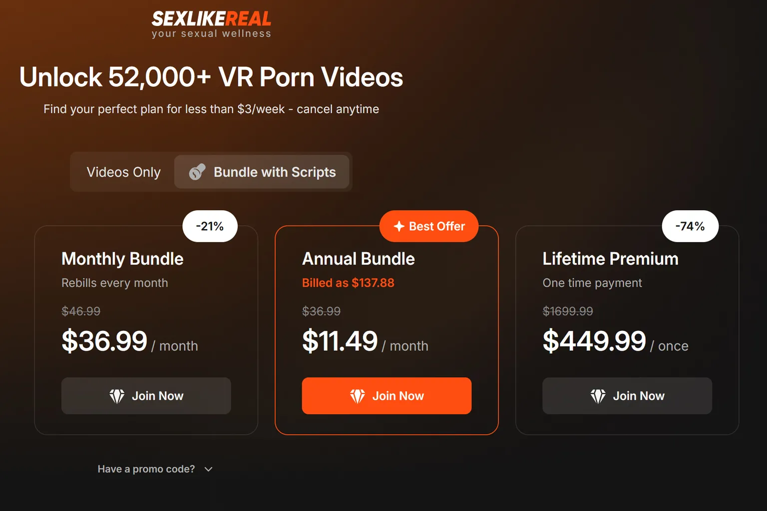 SexLikeReal Scripts Bundle 套組方案頁面,展示月訂、年訂與終身套組價格,年度套組以橘色框標示為最佳優惠。