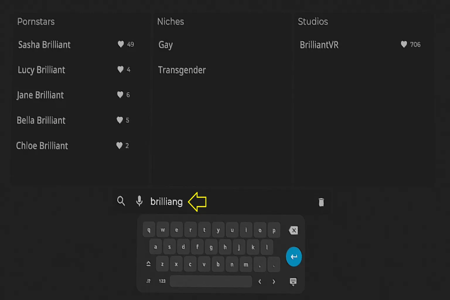 SLR 搜尋錯字示範，輸入 brilliang 仍能成功找到片商 BrilliantVR，展示搜尋容錯能力。