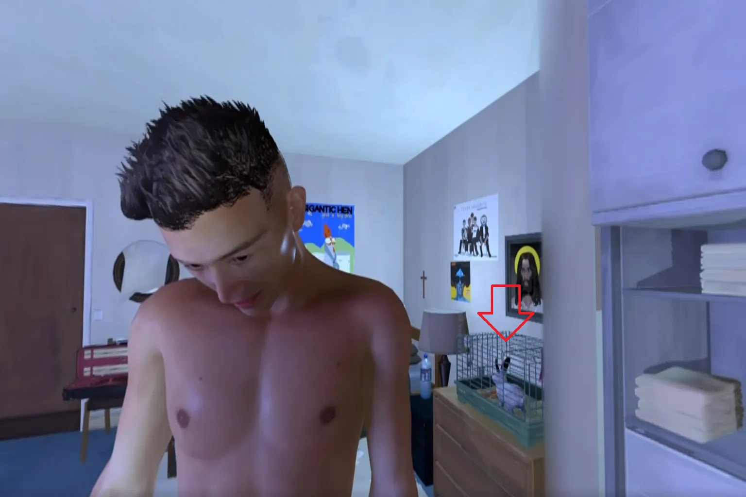 男性虛擬角色站在臥室中央，背景可見書櫃、海報與寵物籠，呈現日常居家場景的角色建模效果