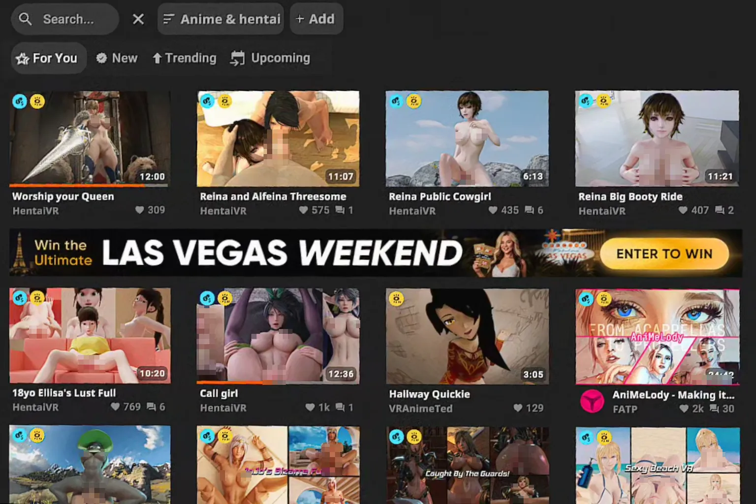 SLR 介面中的 Anime & hentai 分類篩選畫面，顯示多部動畫與 3D 影片縮圖，教學示範如何從分類找到自己想看的作品。