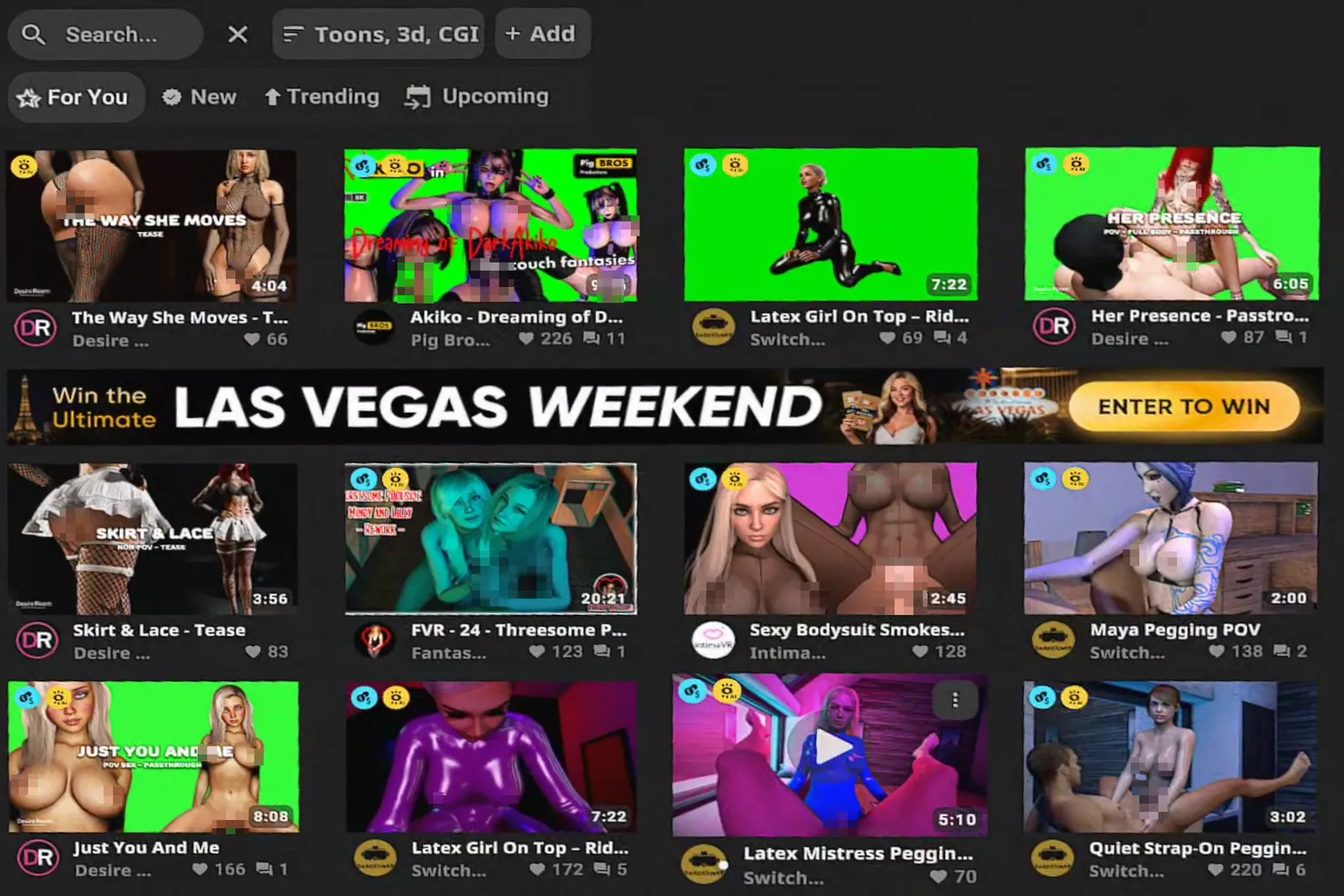 SLR Toons、3D、CGI 分類的主頁操作畫面，展示各種 3D 模型影片縮圖，示範如何切換不同子分類。