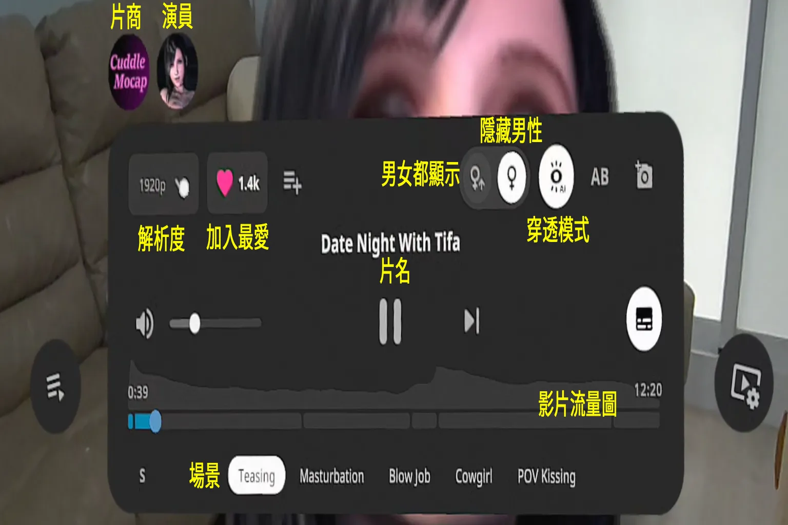SLR 影片控制面板各項功能說明，包括解析度、場景切換、喜愛清單、男女顯示與穿透模式等按鍵位置。
