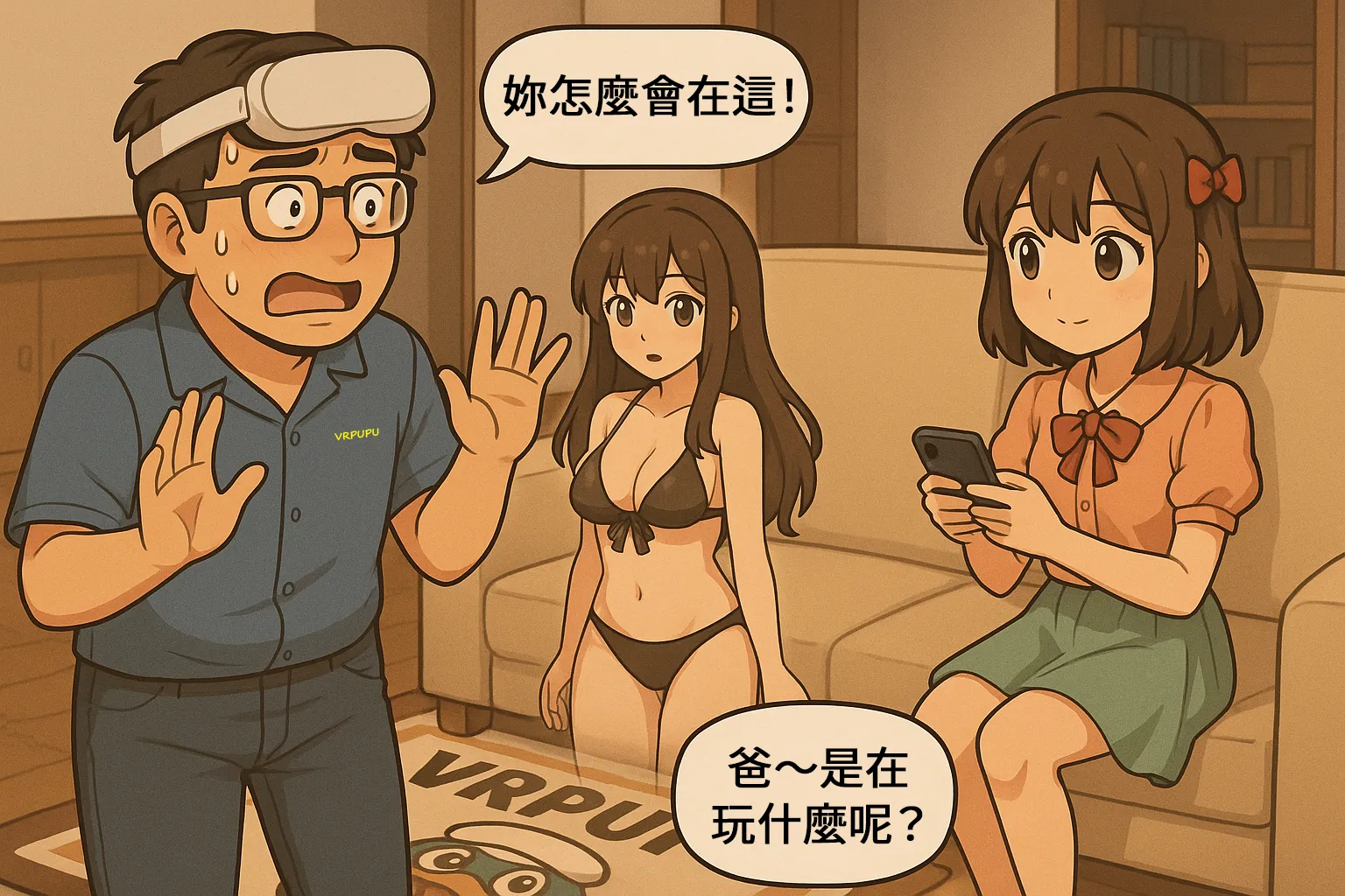 父親戴著 VR 頭盔在客廳驚慌後退，一位比基尼虛擬角色突然出現在眼前；沙發上的盟盟邊玩手機邊問爸在做什麼，地上鋪著 VRPUPU 地毯，整體是搞笑又尷尬的 VR 錯位場景。