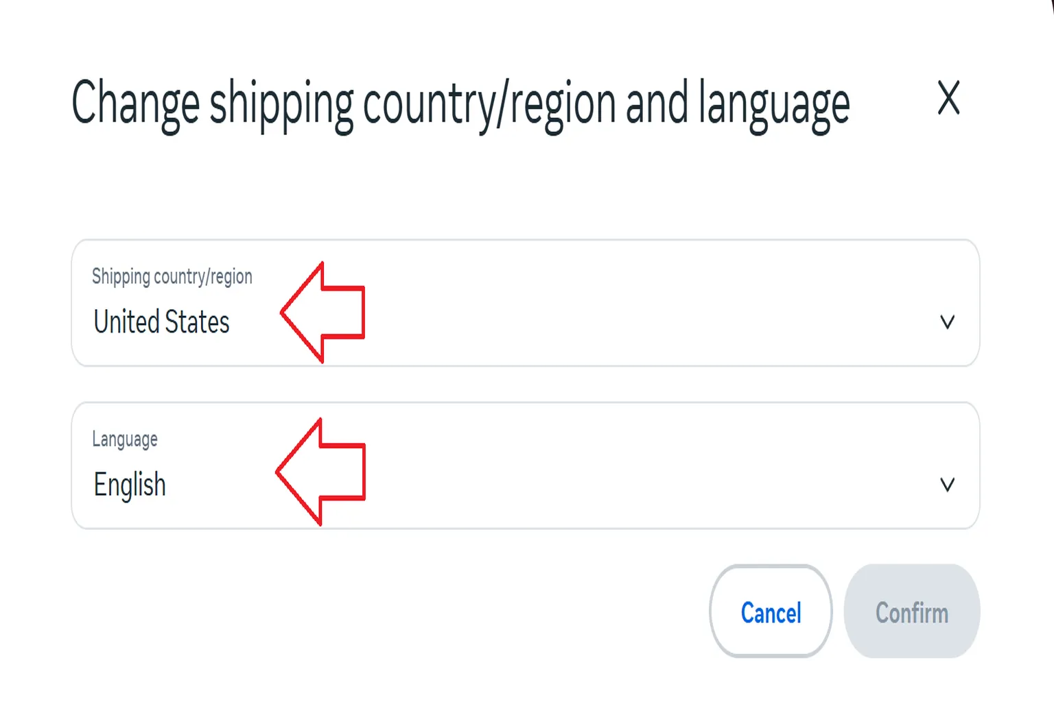Meta 官網切換地區設定視窗,運送國家選擇 United States,語言設定為 English