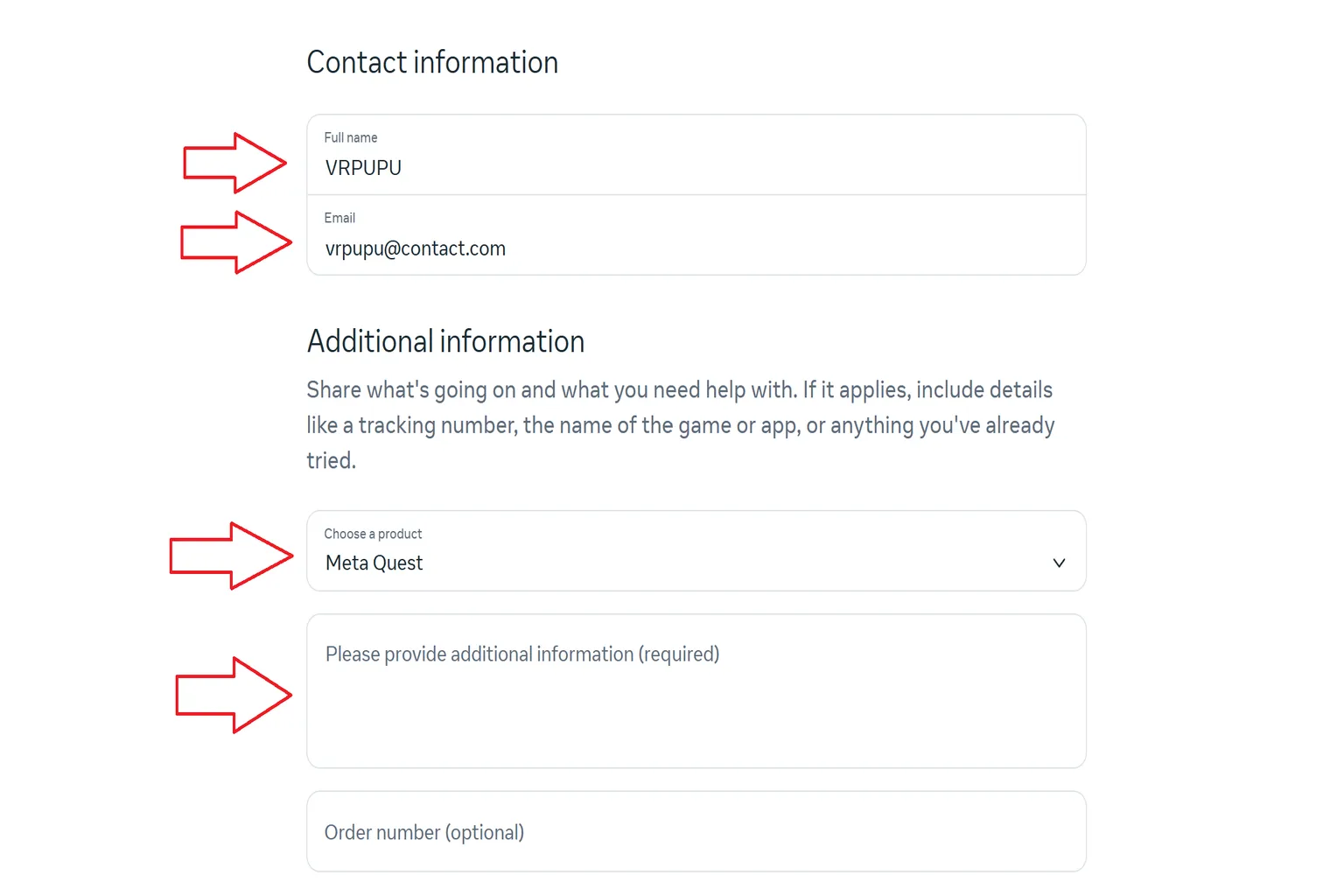 Meta 客服聯絡表單畫面,使用者填寫姓名與 Email,產品選擇 Meta Quest,準備提交支援請求