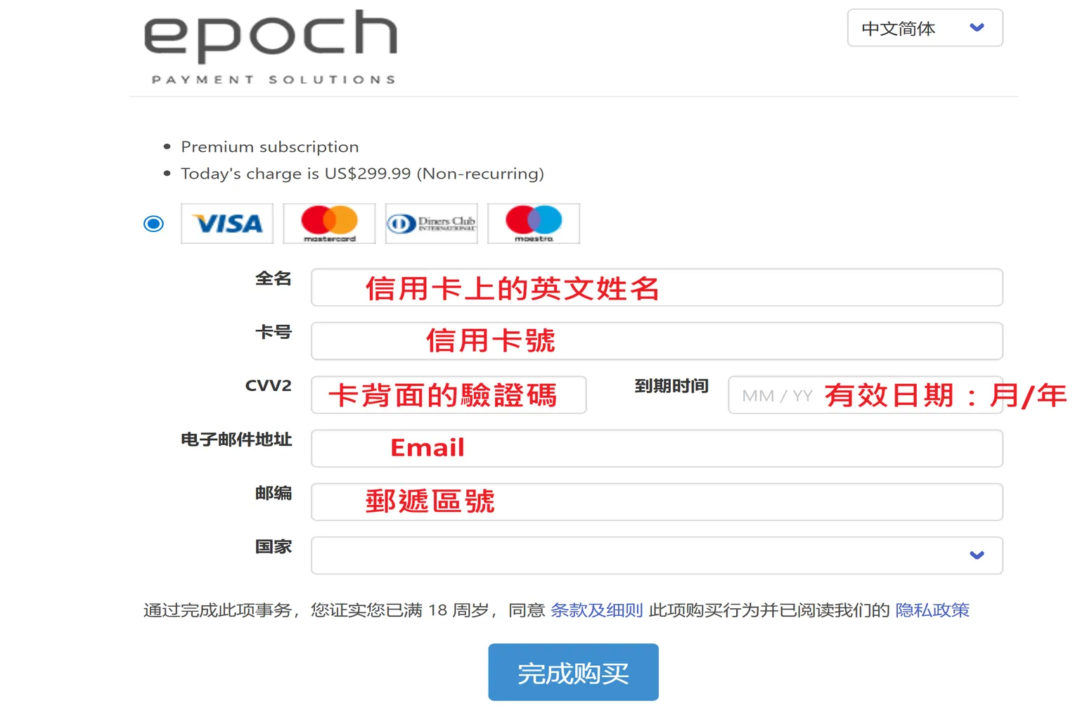 Epoch Payment Solutions 信用卡付款畫面,顯示一次性 299.99 美元訂閱費用,包含姓名、卡號、CVV2、到期日與國家填寫欄位