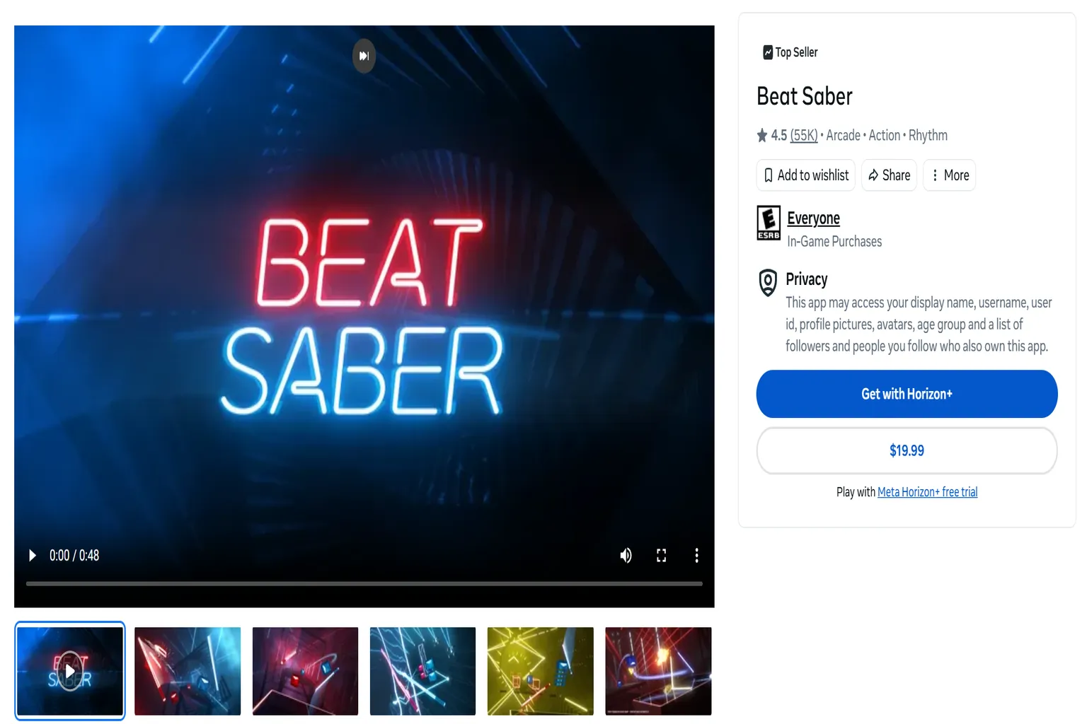 美國 Meta Quest 商城的《Beat Saber》商品頁面,售價為 19.99 美元