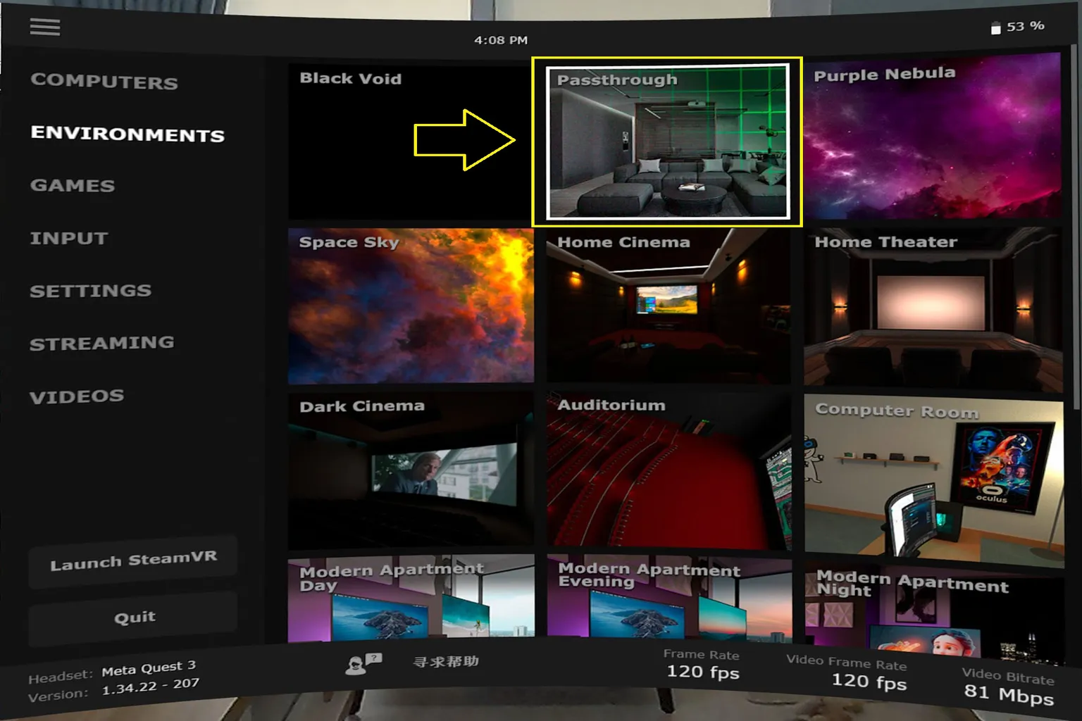 在 Virtual Desktop 的 Environments 頁面選擇 Passthrough 穿透環境