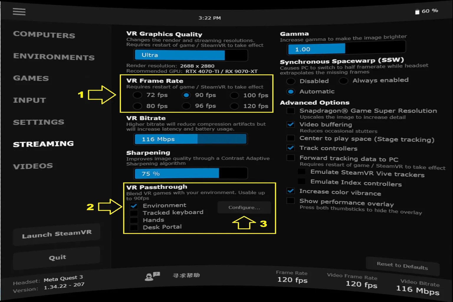 Virtual Desktop Streaming 設定中將 VR Frame Rate 調為 90 FPS,並啟用 VR Passthrough Environment