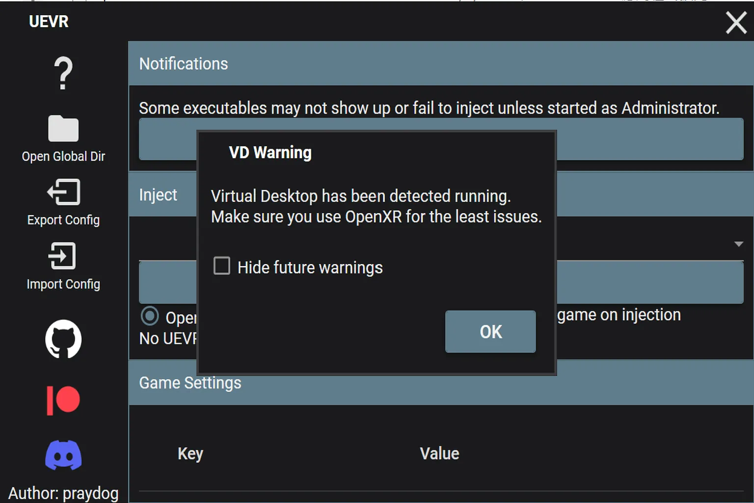 UEVR 偵測到 Virtual Desktop 後提示建議使用 OpenXR
