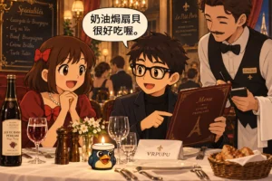 Gugu 戴著 AI 眼鏡在法國餐廳看菜單,向 Mengmeng 推薦奶油焗扇貝,桌上放著 VRPUPU 造型燭台與無酒精氣泡葡萄汁。