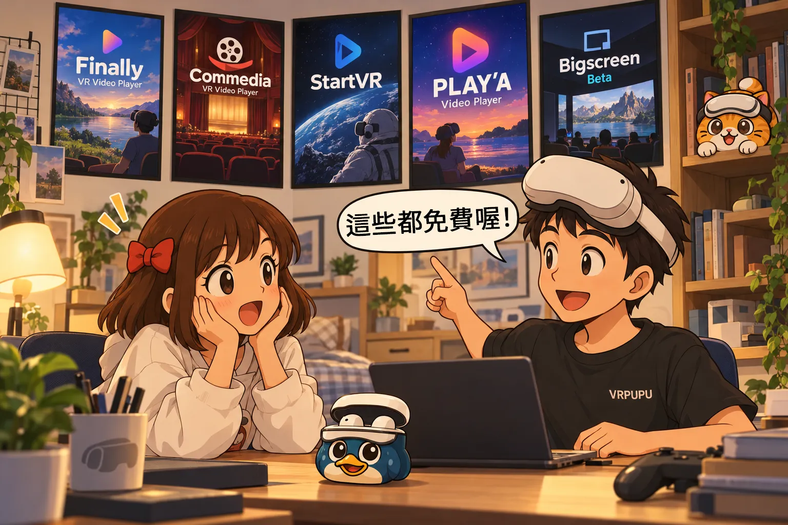 谷谷與盟盟在房間介紹 Meta Quest 免費影片播放器,背景展示 Finally、Commedia、StartVR、PLAY'A 與 Bigscreen 海報