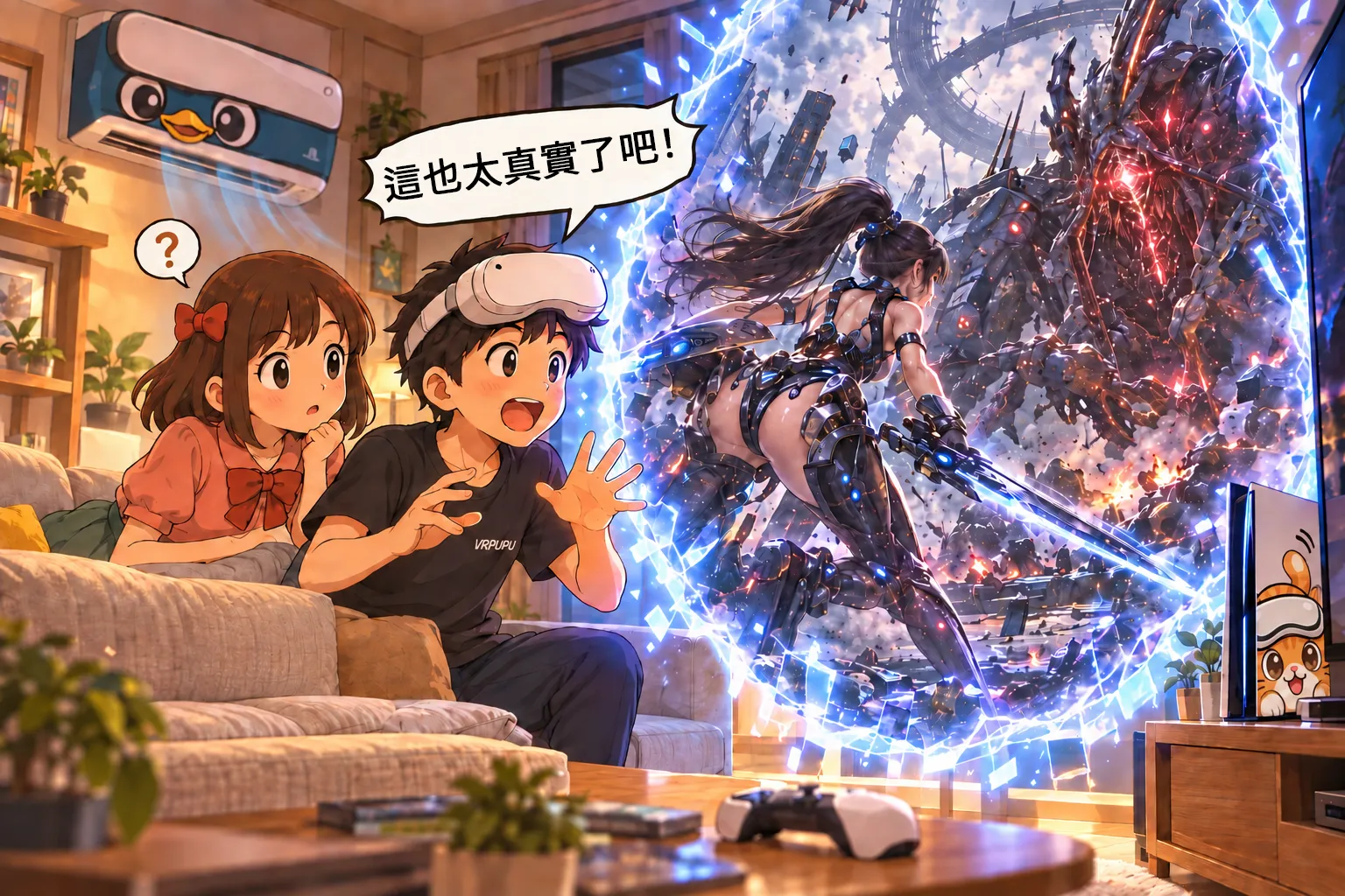 客廳中開啟 UEVR 6DOF Window 傳送門,谷谷透過 Meta Quest 看著《劍星》伊芙與首領戰鬥