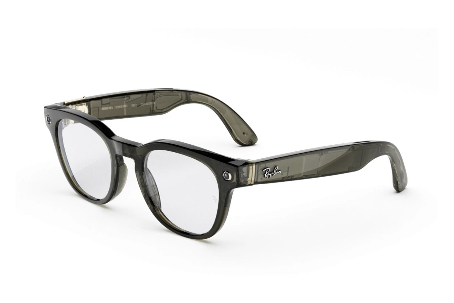 Ray-Ban Meta Optics — Scriber Optics。フレーム：シャイニートランスペアレントダークオリーブ。レンズ：クリア。