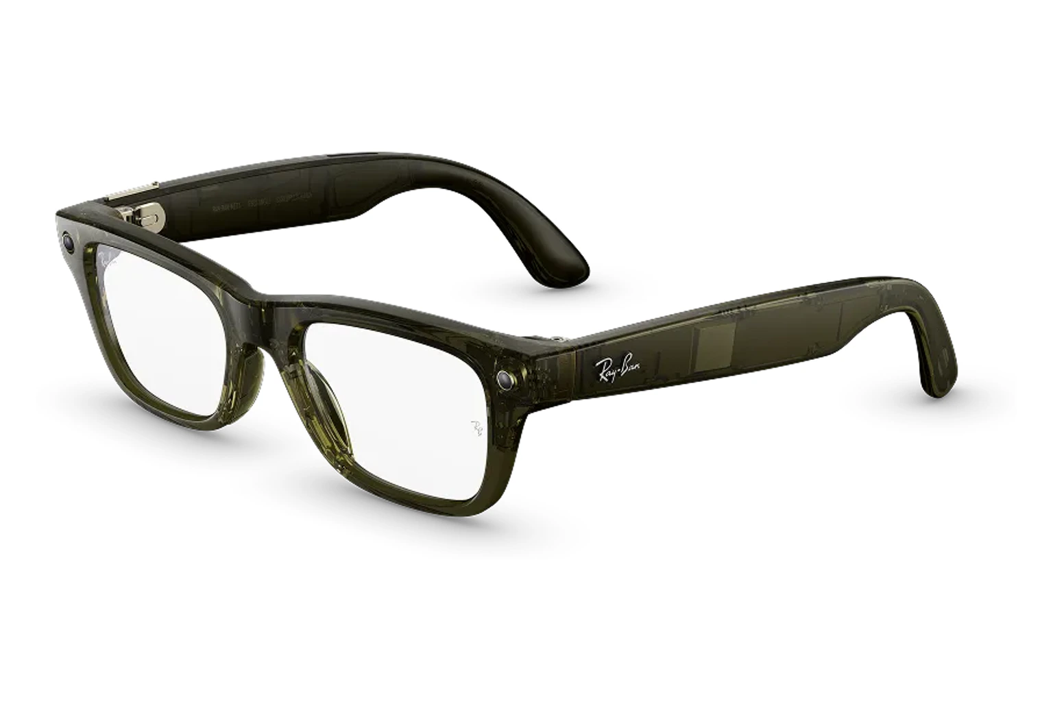 Ray-Ban Meta Optics — Blayzer Optics。フレーム：シャイニートランスペアレントダークオリーブ。レンズ：クリア。