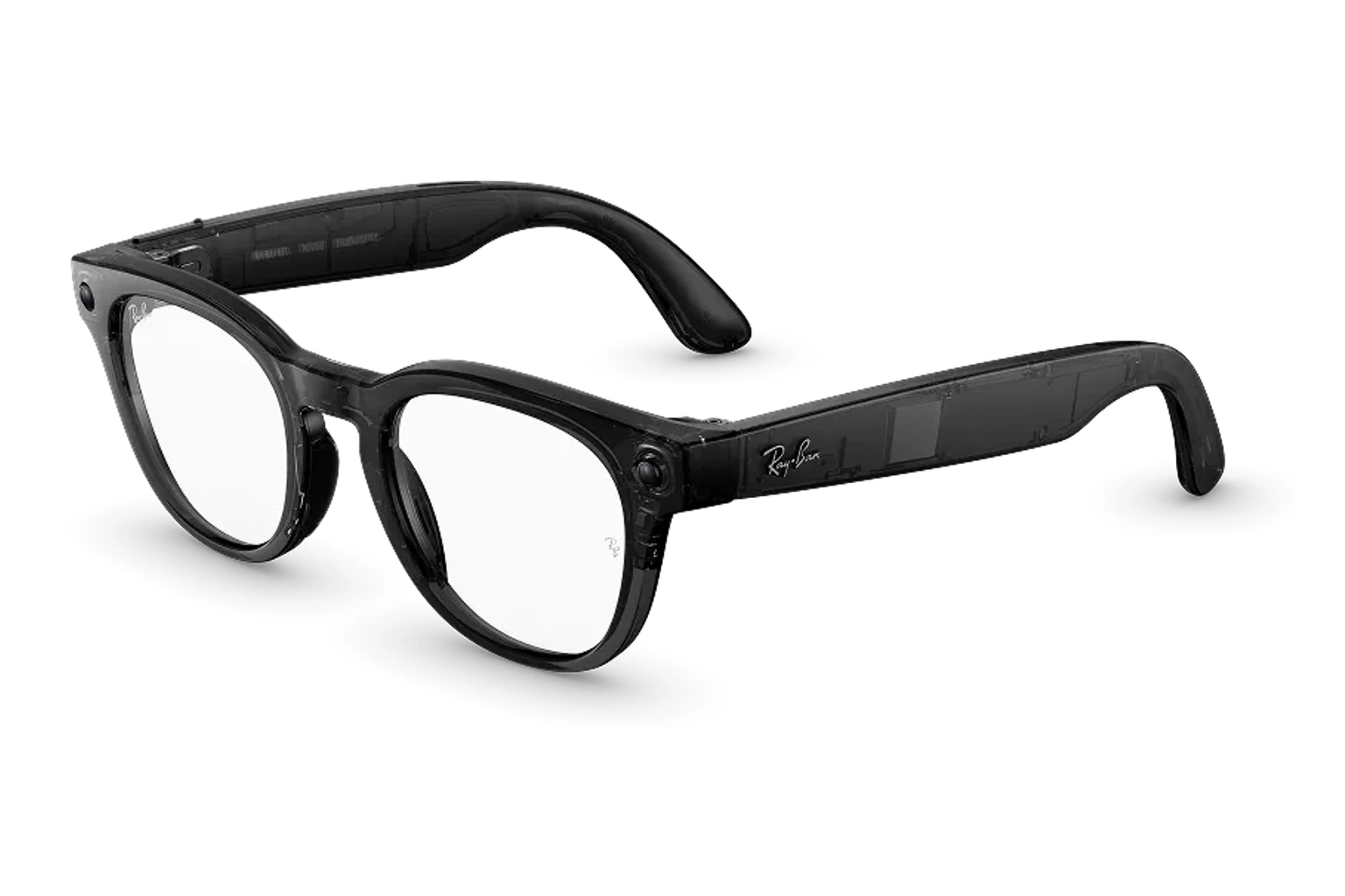 Ray-Ban Meta Optics — Scriber Optics。フレーム：シャイニートランスペアレントブラック。レンズ：クリア。