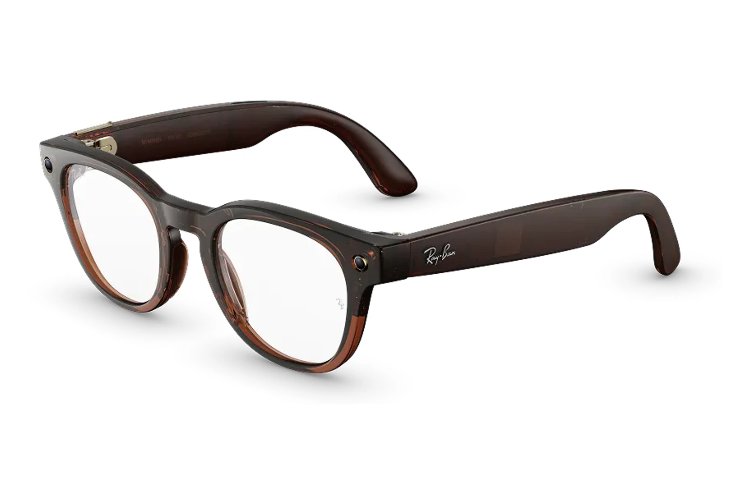 Ray-Ban Meta Optics — Scriber Optics。フレーム：シャイニートランスペアレントアンバー。レンズ：クリア。