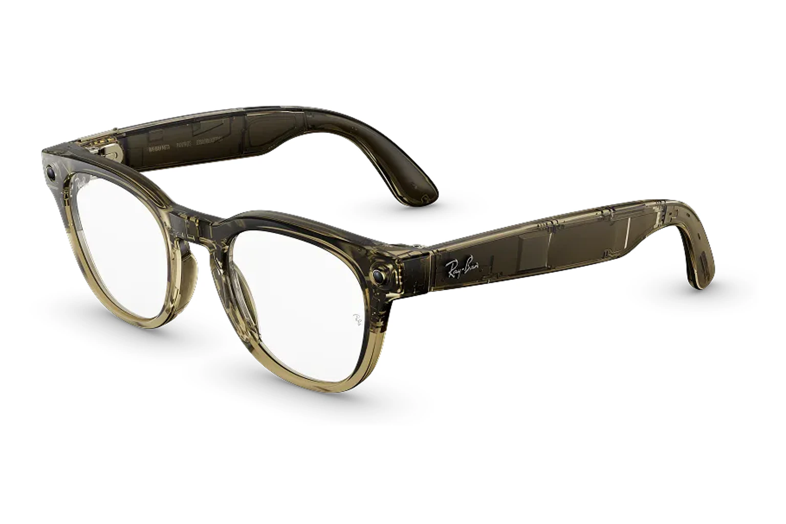 Ray-Ban Meta Optics — Scriber Optics。フレーム：シャイニートランスペアレントストーンベージュ。レンズ：クリア。