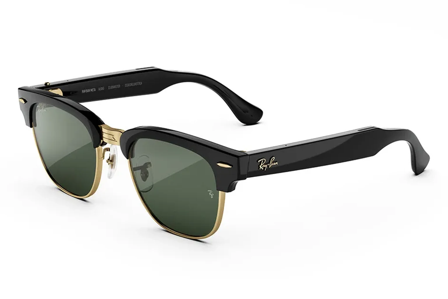 Ray-Ban Meta Audio — Clubmaster，鏡框：亮面黑框金色鏡腳，鏡片：石墨綠色變色鏡片 Transitions®