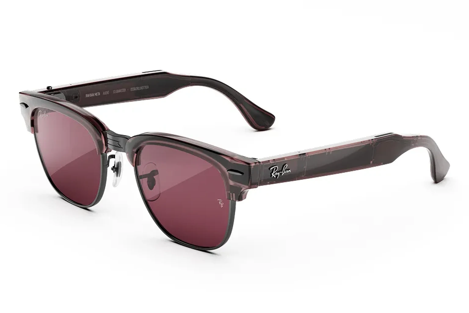 Ray-Ban Meta Audio — Clubmaster，鏡框：透明蘭花紫／槍灰，鏡片：紅寶石色變色鏡片 Transitions®